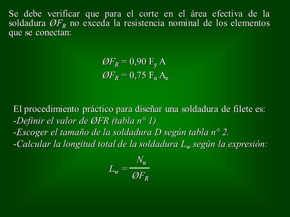 Se debe verificar que para el corte en el área efectiva de la soldadura ØFR no exceda la resistencia nominal de los elementos que se conectan: