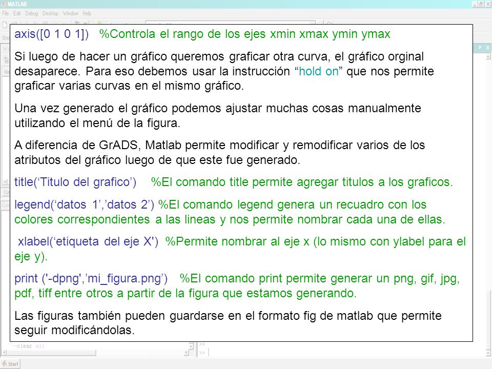 axis([ ]) %Controla el rango de los ejes xmin xmax ymin ymax