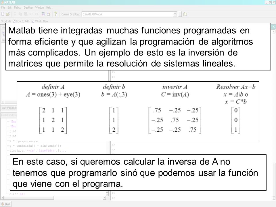 Matlab tiene integradas muchas funciones programadas en forma eficiente y que agilizan la programación de algoritmos más complicados. Un ejemplo de esto es la inversión de matrices que permite la resolución de sistemas lineales.