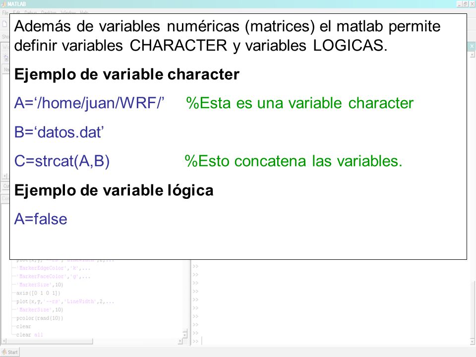 Además de variables numéricas (matrices) el matlab permite definir variables CHARACTER y variables LOGICAS.
