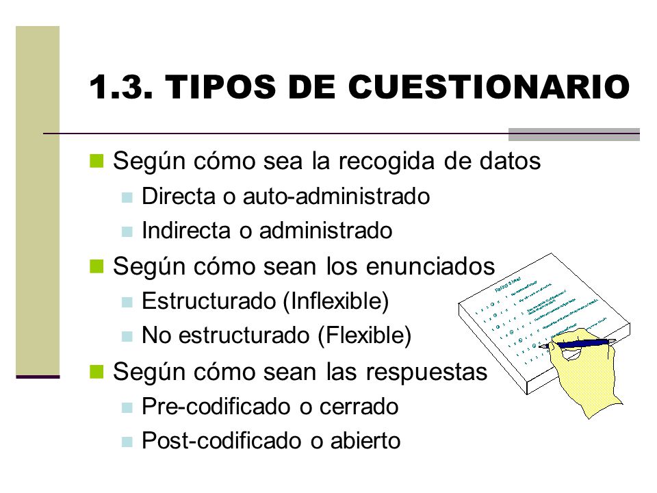 1.3. TIPOS DE CUESTIONARIO Según cómo sea la recogida de datos