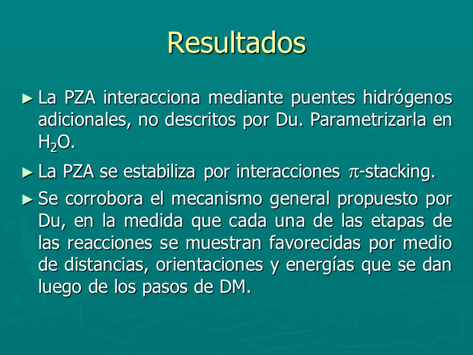 Resultados La PZA interacciona mediante puentes hidrógenos adicionales, no descritos por Du. Parametrizarla en H2O.