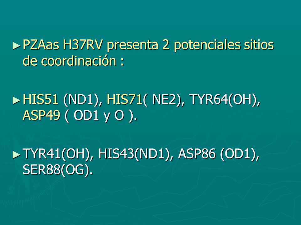 PZAas H37RV presenta 2 potenciales sitios de coordinación :