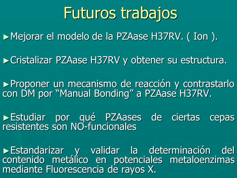 Futuros trabajos Mejorar el modelo de la PZAase H37RV. ( Ion ).