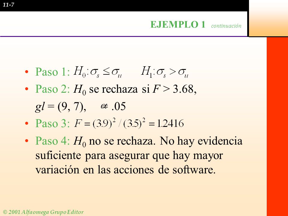 Paso 2: H0 se rechaza si F > 3.68, gl = (9, 7), = .05 Paso 3: