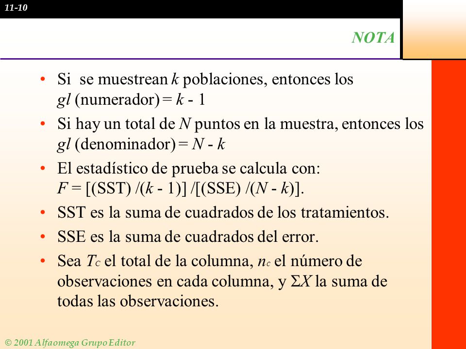 Si se muestrean k poblaciones, entonces los gl (numerador) = k - 1
