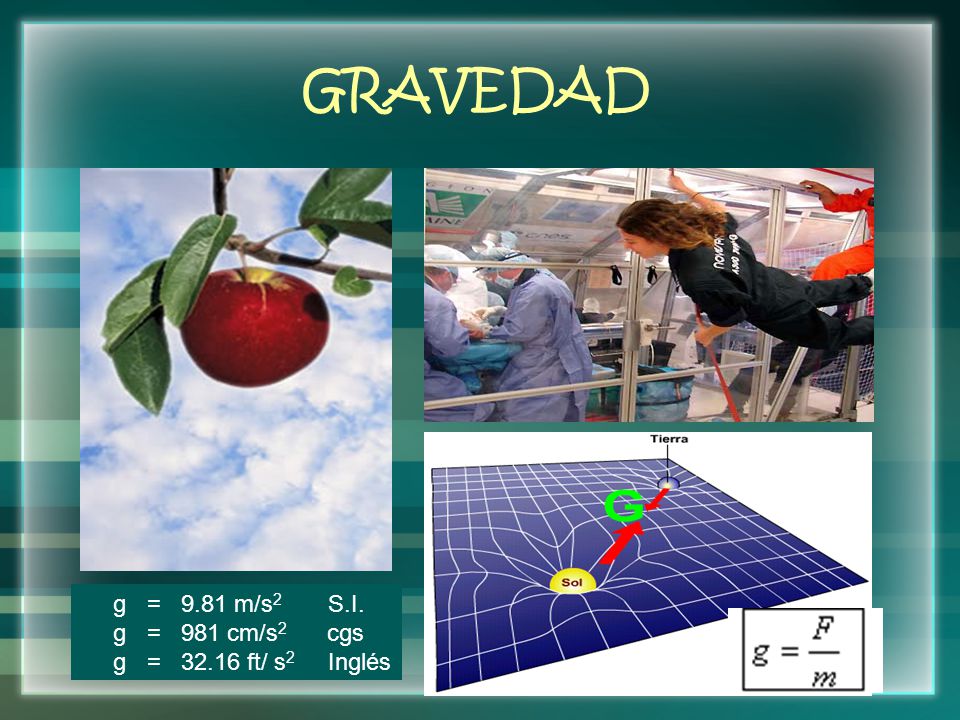 GRAVEDAD g = 9.81 m/s2 S.I. g = 981 cm/s2 cgs g = ft/ s2 Inglés