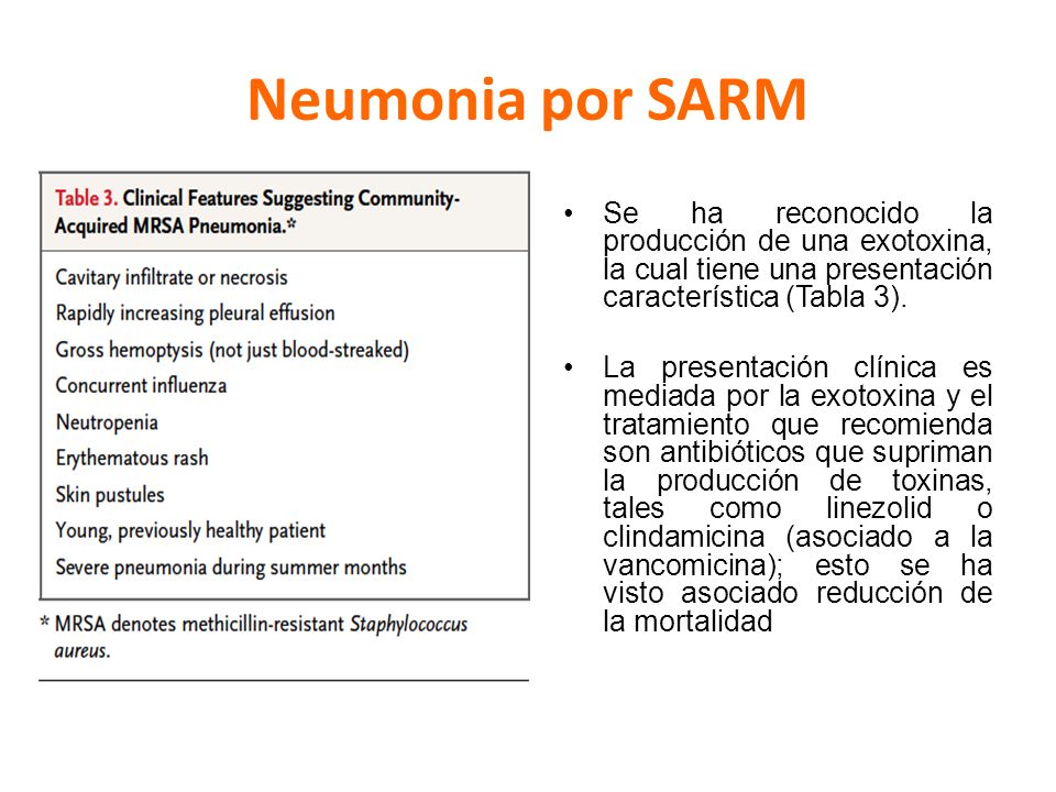 Neumonia por SARM Se ha reconocido la producción de una exotoxina, la cual tiene una presentación característica (Tabla 3).