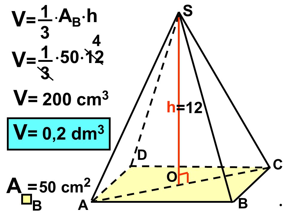 V= V= V= 200 cm3 V= 0,2 dm3 A =  5012 3 S ABh 4 h =12