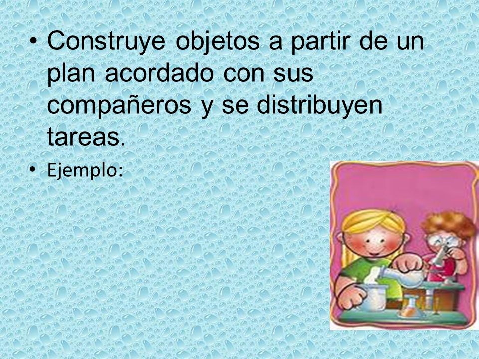 Construye objetos a partir de un plan acordado con sus compañeros y se distribuyen tareas.