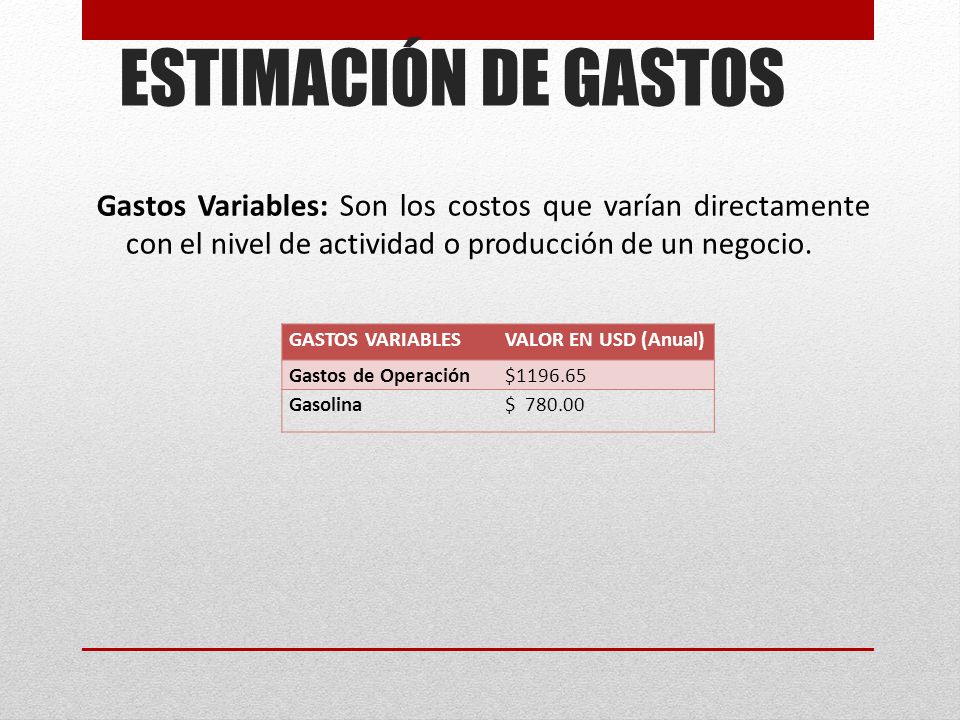 ESTIMACIÓN DE GASTOS Gastos Variables: Son los costos que varían directamente con el nivel de actividad o producción de un negocio.