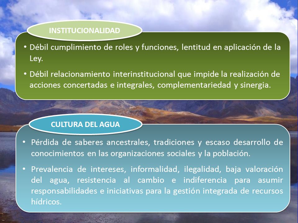 INSTITUCIONALIDAD Débil cumplimiento de roles y funciones, lentitud en aplicación de la Ley.