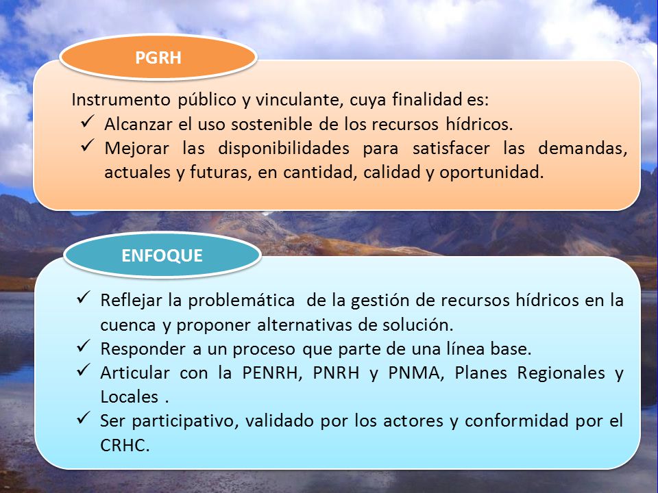PGRH Instrumento público y vinculante, cuya finalidad es: Alcanzar el uso sostenible de los recursos hídricos.