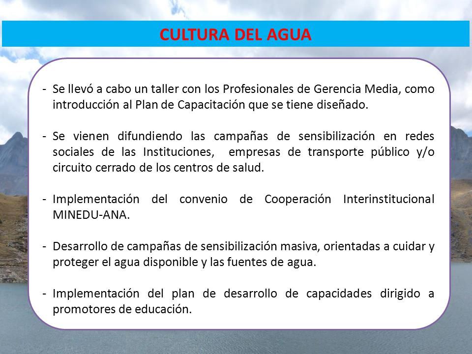 CULTURA DEL AGUA Se llevó a cabo un taller con los Profesionales de Gerencia Media, como introducción al Plan de Capacitación que se tiene diseñado.