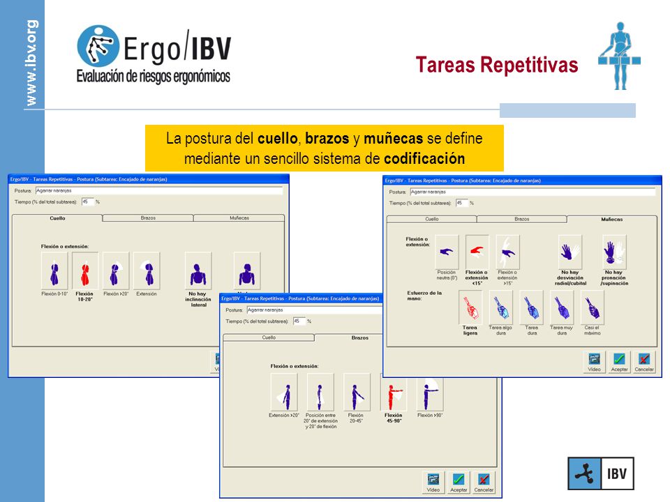 Tareas Repetitivas La postura del cuello, brazos y muñecas se define mediante un sencillo sistema de codificación.