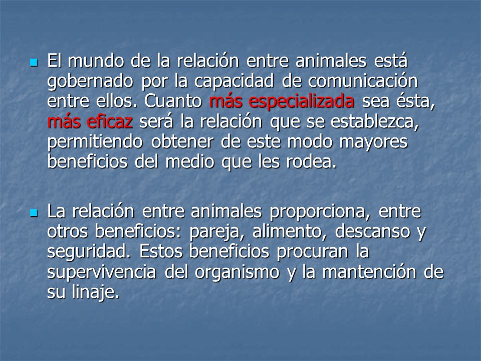 El mundo de la relación entre animales está gobernado por la capacidad de comunicación entre ellos. Cuanto más especializada sea ésta, más eficaz será la relación que se establezca, permitiendo obtener de este modo mayores beneficios del medio que les rodea.