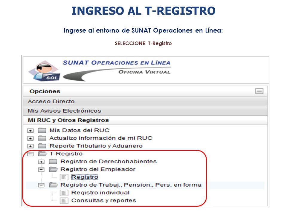 INGRESO AL T-REGISTRO Ingrese al entorno de SUNAT Operaciones en Línea: SELECCIONE T-Registro