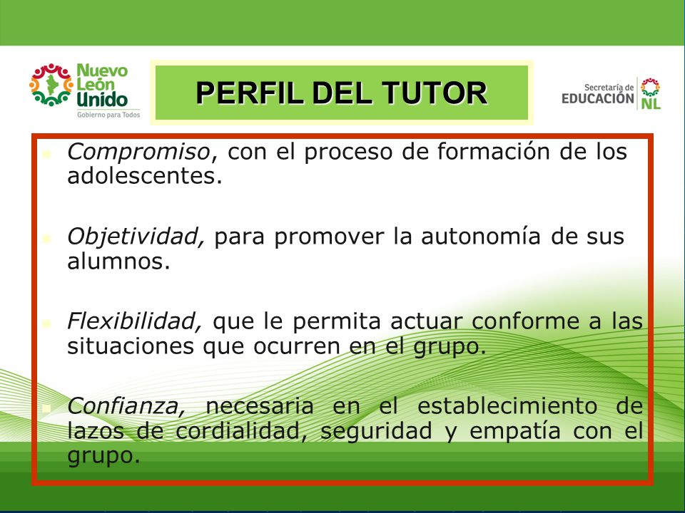 PERFIL DEL TUTOR Compromiso, con el proceso de formación de los adolescentes. Objetividad, para promover la autonomía de sus alumnos.