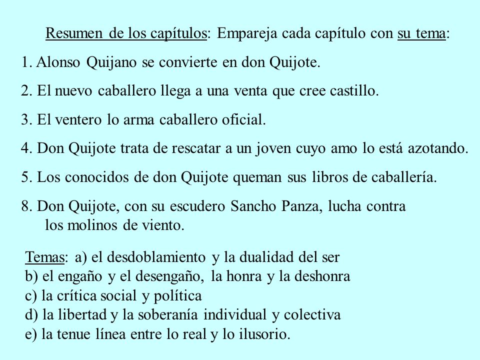 Resumen de los capítulos: Empareja cada capítulo con su tema: