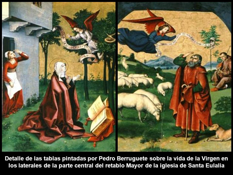Detalle de las tablas pintadas por Pedro Berruguete sobre la vida de la Virgen en los laterales de la parte central del retablo Mayor de la iglesia de Santa Eulalia