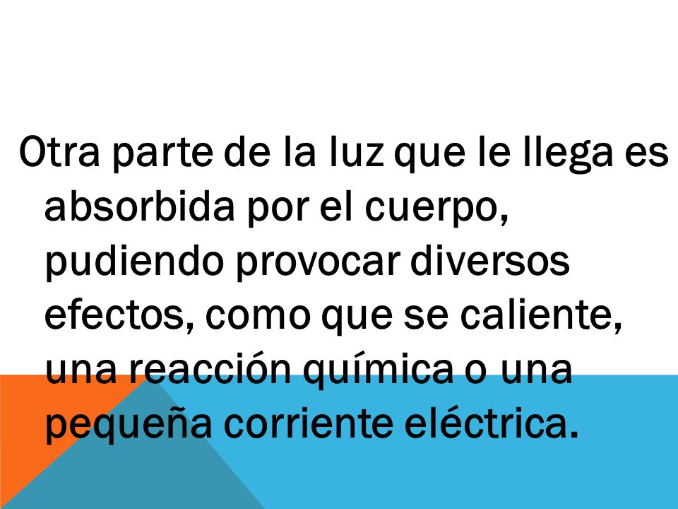 Otra parte de la luz que le llega es absorbida por el cuerpo, pudiendo provocar diversos efectos, como que se caliente, una reacción química o una pequeña corriente eléctrica.