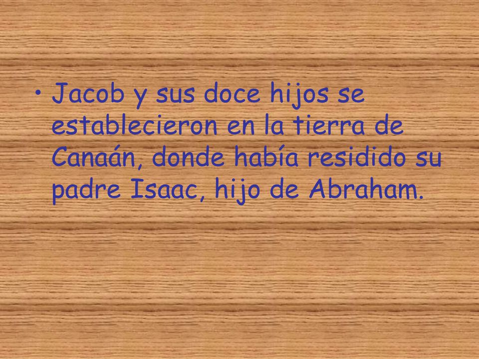 Jacob y sus doce hijos se establecieron en la tierra de Canaán, donde había residido su padre Isaac, hijo de Abraham.