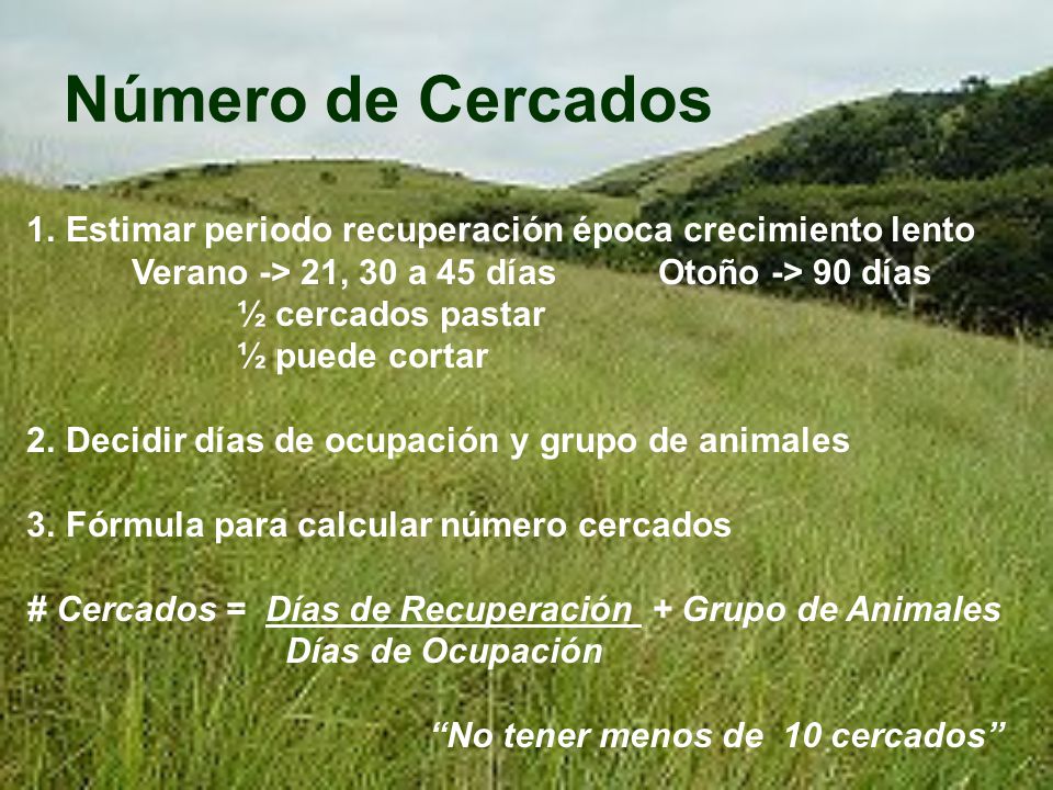 Número de Cercados Estimar periodo recuperación época crecimiento lento. Verano -> 21, 30 a 45 días Otoño -> 90 días.