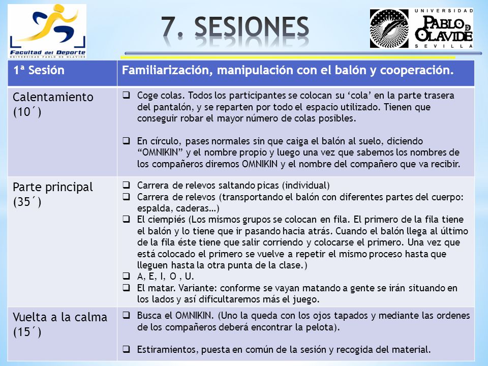 7. SESIONES 1ª Sesión. Familiarización, manipulación con el balón y cooperación. Calentamiento (10´)