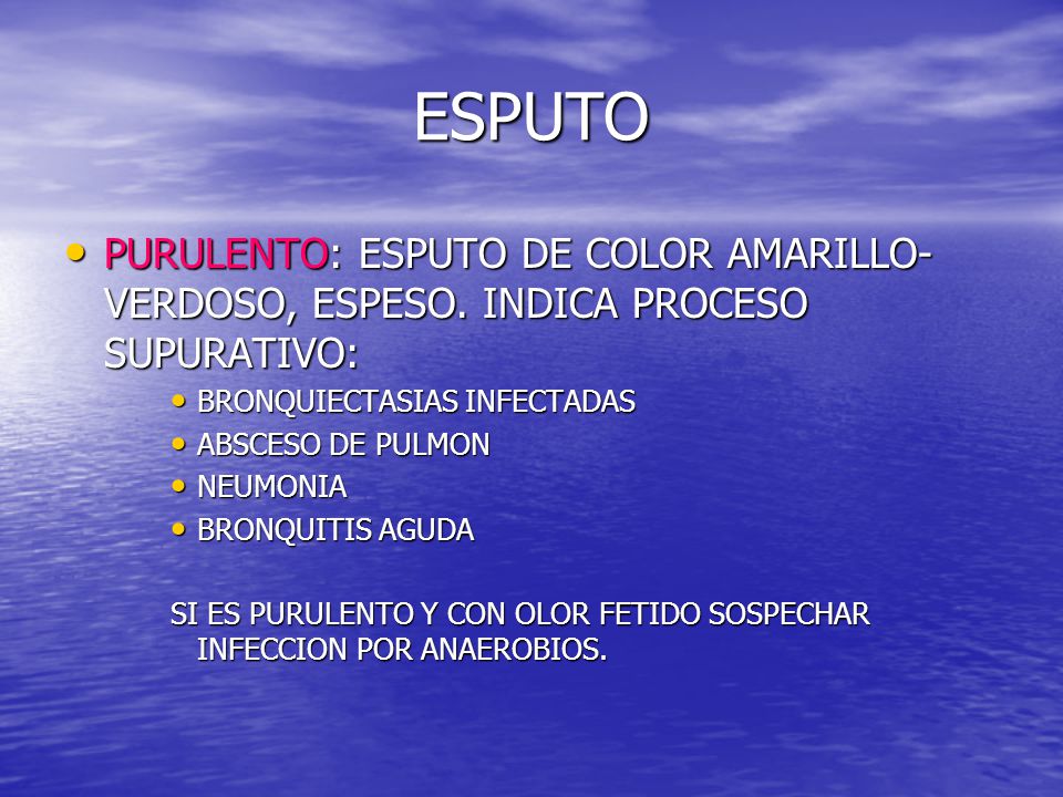 ESPUTO PURULENTO: ESPUTO DE COLOR AMARILLO-VERDOSO, ESPESO. INDICA PROCESO SUPURATIVO: BRONQUIECTASIAS INFECTADAS.