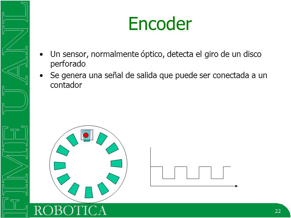 Encoder Un sensor, normalmente óptico, detecta el giro de un disco perforado.