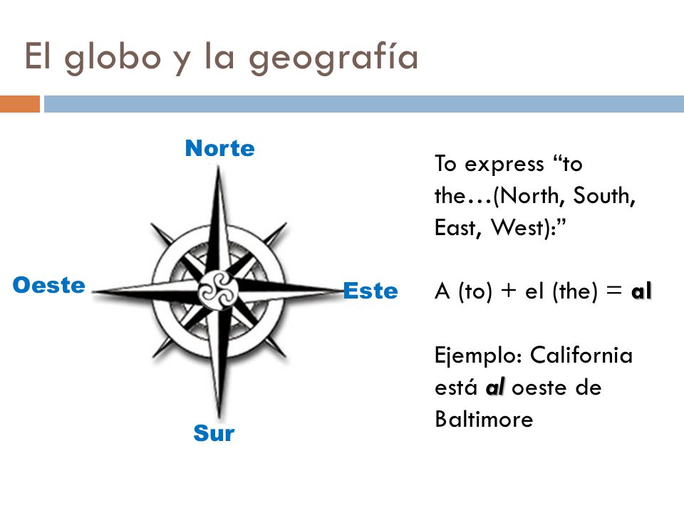 El globo y la geografía Norte. To express to the…(North, South, East, West): A (to) + el (the) = al.