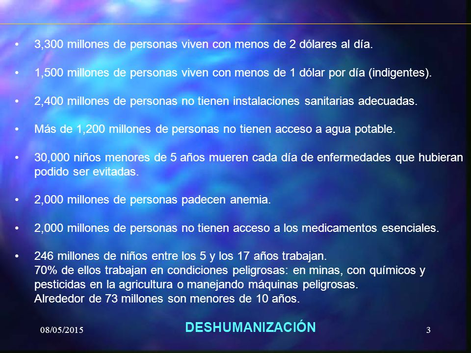 3,300 millones de personas viven con menos de 2 dólares al día.