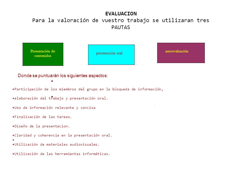 Para la valoración de vuestro trabajo se utilizaran tres PAUTAS