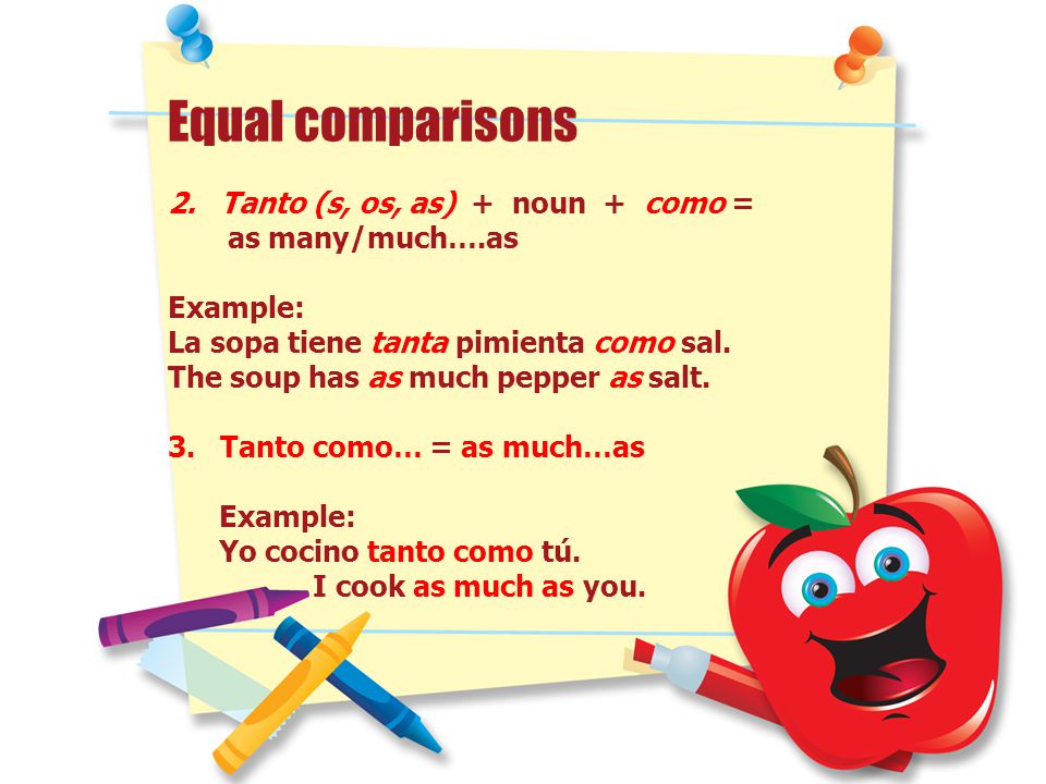 Equal comparisons Tanto (s, os, as) + noun + como = as many/much….as