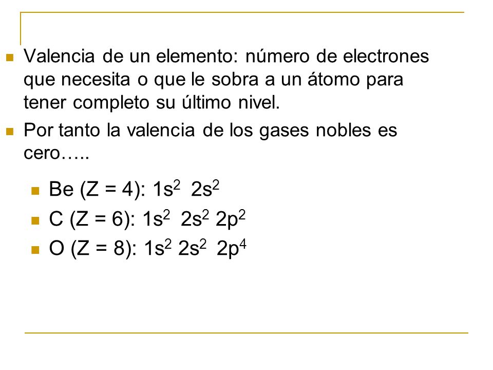 Be (Z = 4): 1s2 2s2 C (Z = 6): 1s2 2s2 2p2 O (Z = 8): 1s2 2s2 2p4