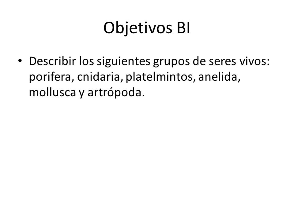 Objetivos BI Describir los siguientes grupos de seres vivos: porifera, cnidaria, platelmintos, anelida, mollusca y artrópoda.