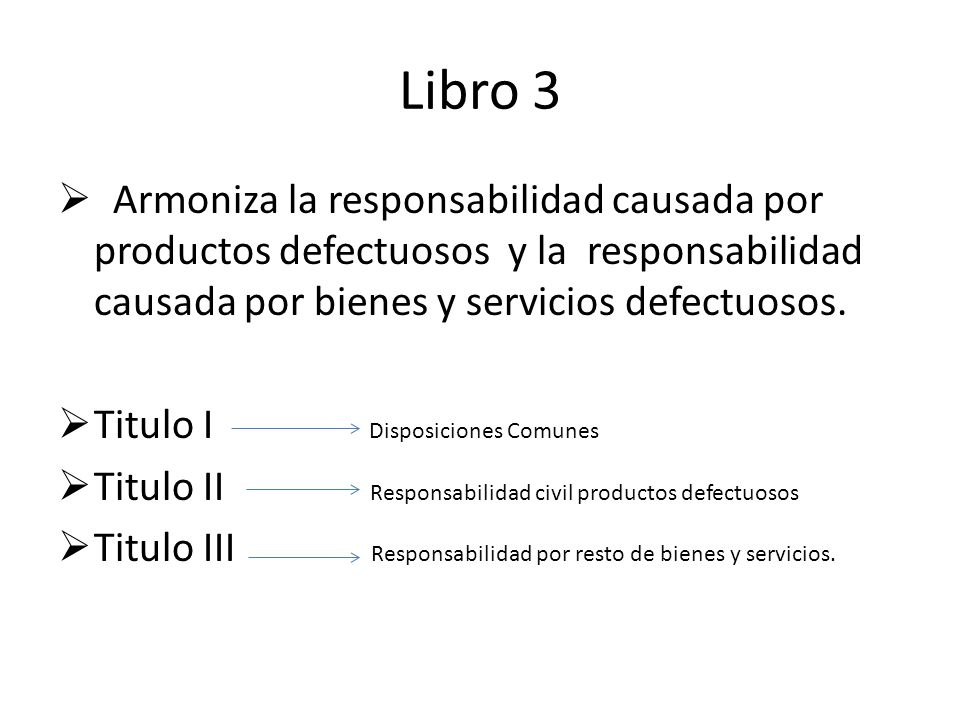 Libro 3 Armoniza la responsabilidad causada por productos defectuosos y la responsabilidad causada por bienes y servicios defectuosos.