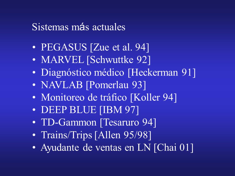 Sistemas más actuales PEGASUS [Zue et al. 94] MARVEL [Schwuttke 92] Diagnóstico médico [Heckerman 91]
