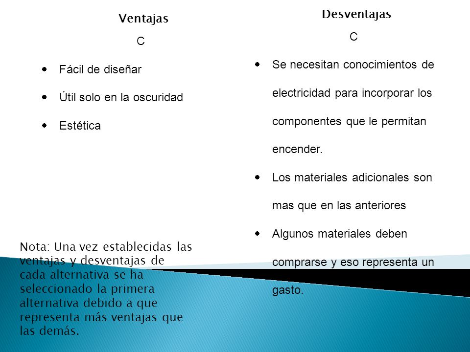 Desventajas C. Se necesitan conocimientos de electricidad para incorporar los componentes que le permitan encender.