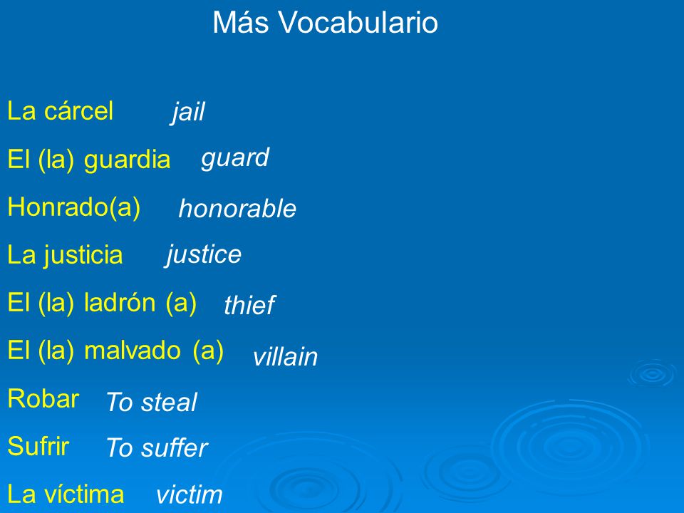 Más Vocabulario La cárcel jail El (la) guardia Honrado(a) guard