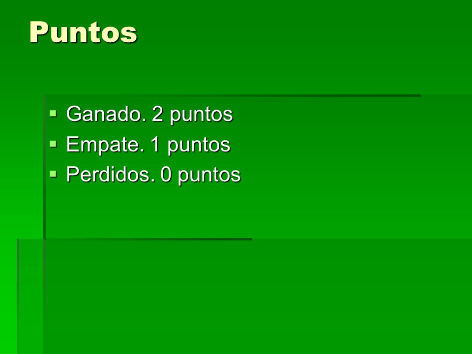 Puntos Ganado. 2 puntos Empate. 1 puntos Perdidos. 0 puntos