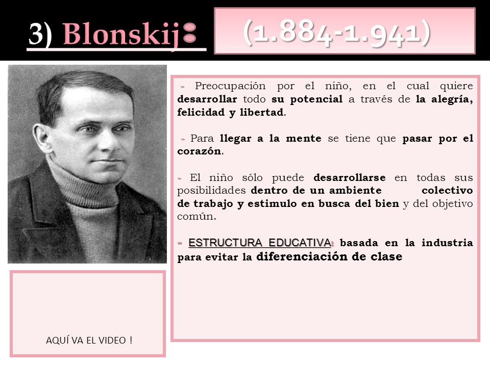 3) Blonskij ( ) - Preocupación por el niño, en el cual quiere desarrollar todo su potencial a través de la alegría, felicidad y libertad.