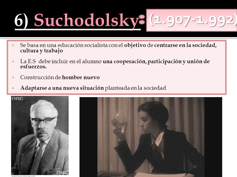 6) Suchodolsky ( ) Se basa en una educación socialista con el objetivo de centrarse en la sociedad, cultura y trabajo.