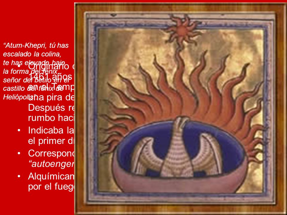 El Fénix Atum-Khepri, tú has. escalado la colina, te has elevado bajo. la forma del fénix, señor del betilo en el.