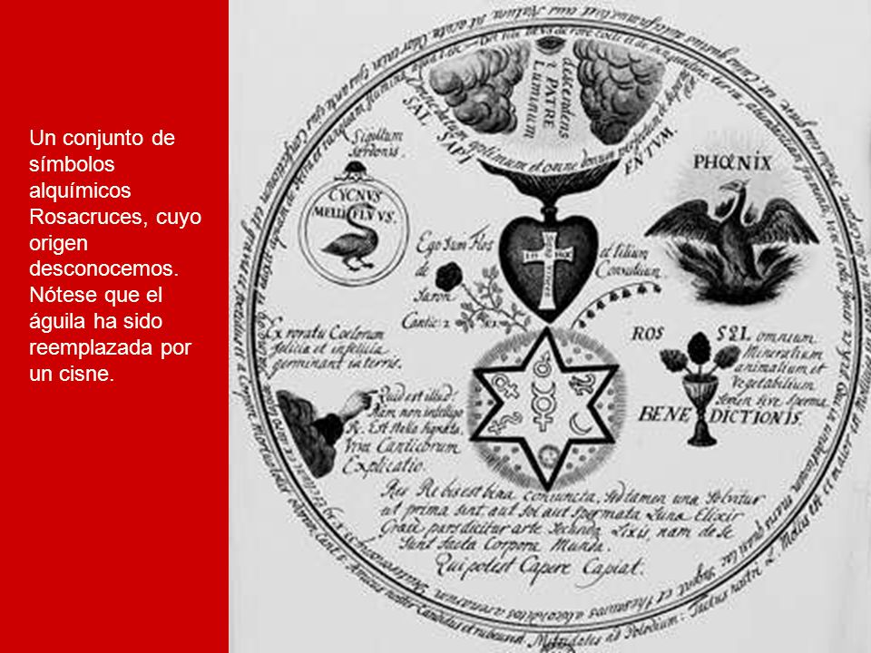 Un conjunto de símbolos. alquímicos. Rosacruces, cuyo. origen. desconocemos. Nótese que el. águila ha sido.