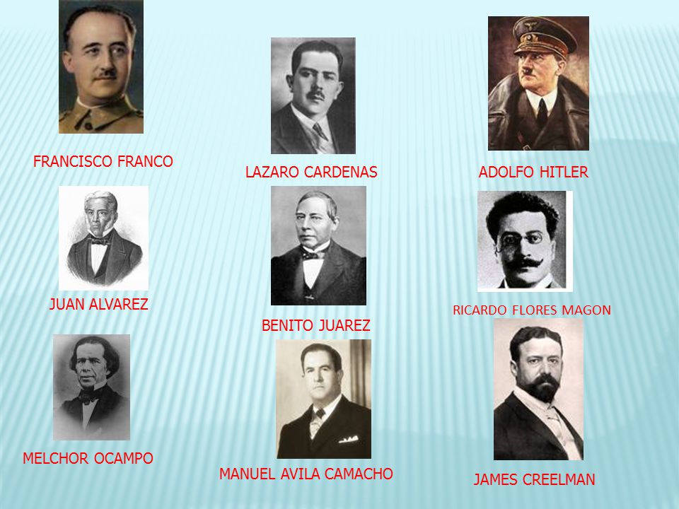 FRANCISCO FRANCO LAZARO CARDENAS. ADOLFO HITLER. JUAN ALVAREZ. RICARDO FLORES MAGON. BENITO JUAREZ.