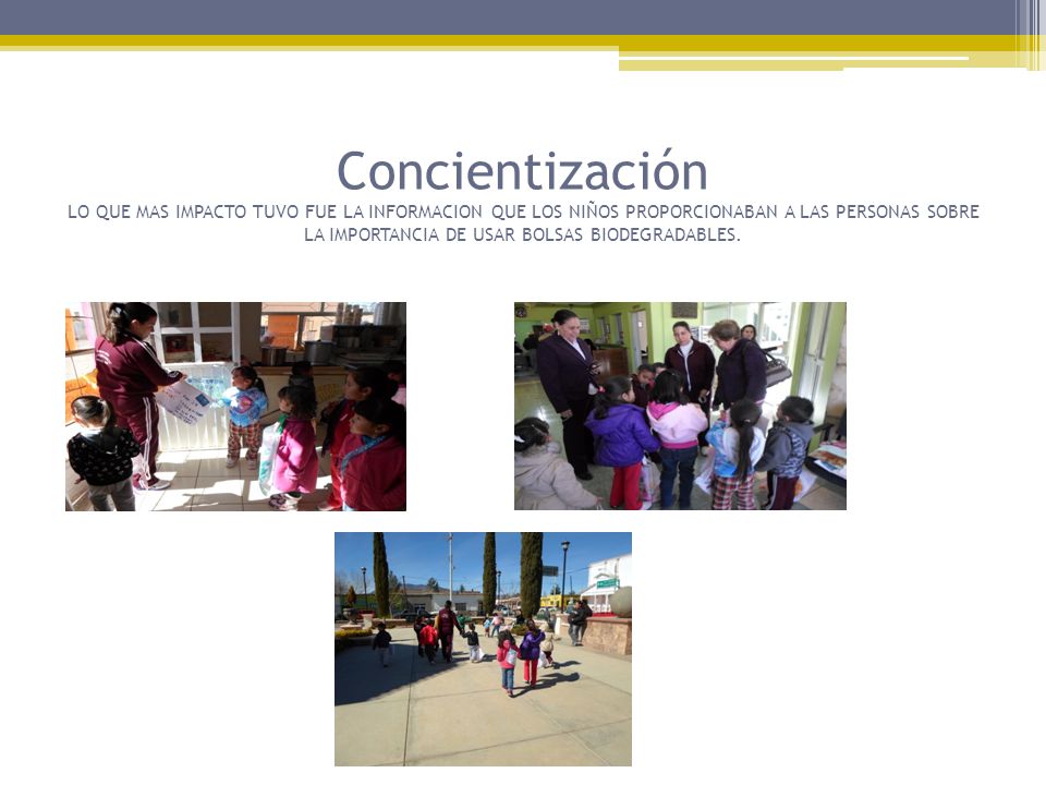 Concientización LO QUE MAS IMPACTO TUVO FUE LA INFORMACION QUE LOS NIÑOS PROPORCIONABAN A LAS PERSONAS SOBRE LA IMPORTANCIA DE USAR BOLSAS BIODEGRADABLES.
