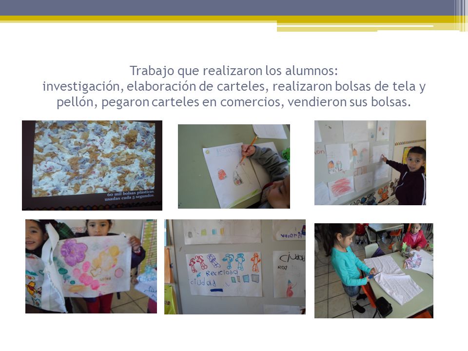 Trabajo que realizaron los alumnos: investigación, elaboración de carteles, realizaron bolsas de tela y pellón, pegaron carteles en comercios, vendieron sus bolsas.
