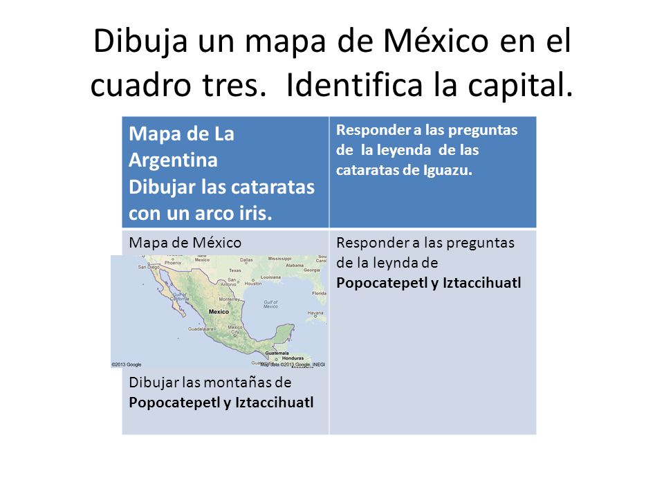 Dibuja un mapa de México en el cuadro tres. Identifica la capital.