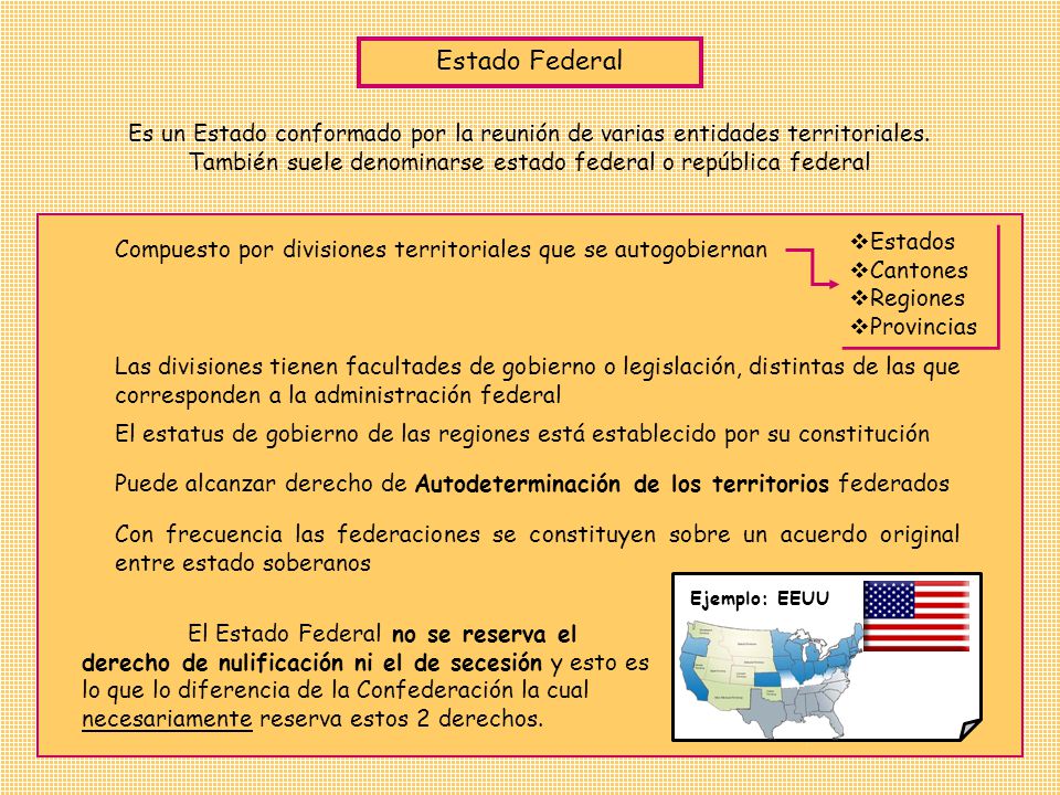 Estado Federal Es un Estado conformado por la reunión de varias entidades territoriales. También suele denominarse estado federal o república federal.